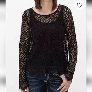 Daytrip Whimsigoth Black Lace Semi Sheer  Long Sleeve Grunge Top XS Oversized